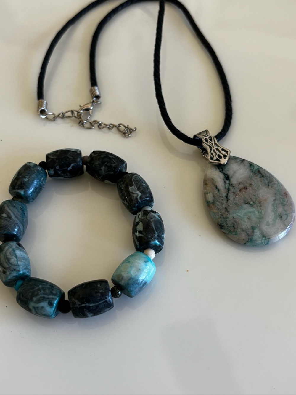 Stone Bead Stretch Bracelet with Matching Teardrop Pendant Necklace. Mariposite